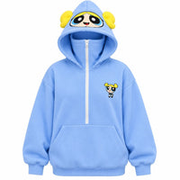 Blue Power Hoodie with yellow pigtails on the hood